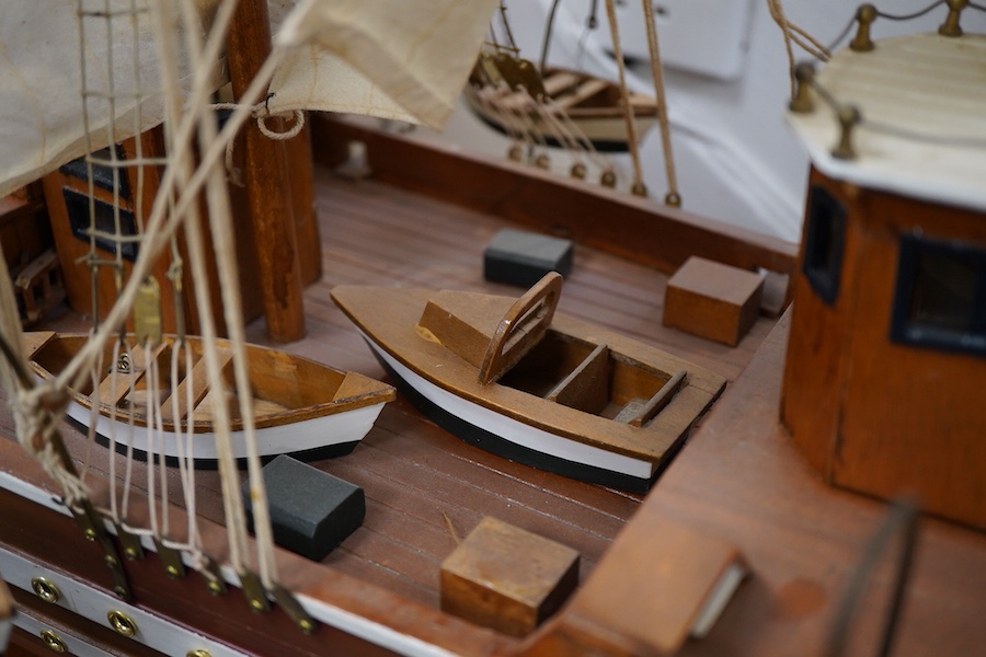 A large wooden ship model 'Amerigo Vespucci' three masted fully rigged and stand, 108cm high